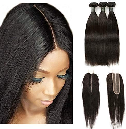 TOOCCI Human Hair Brazilian Hair Weave Bundles 3 Bundles with 2" X 6" Closure (1