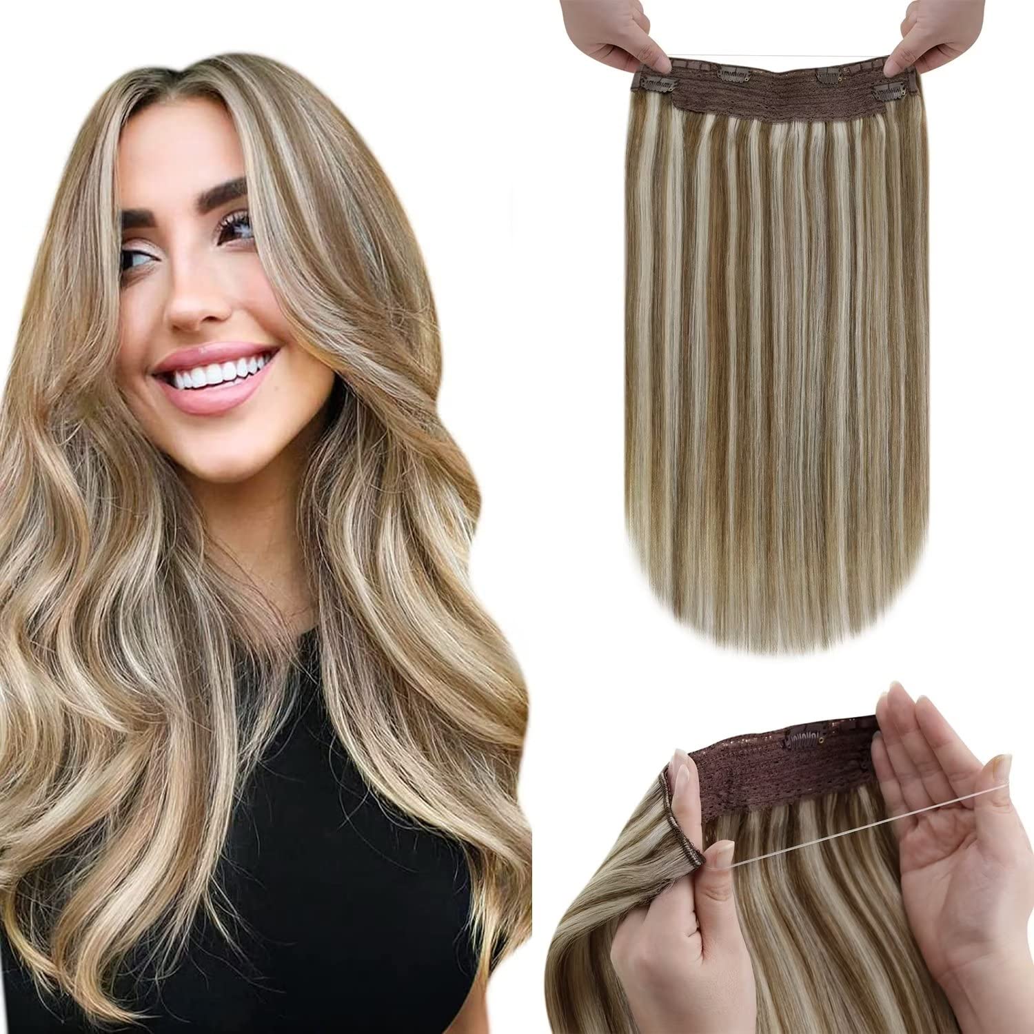 LaaVoo Highlights Hair Extensions Human Hair Blonde Brown Real Hair Extensions W