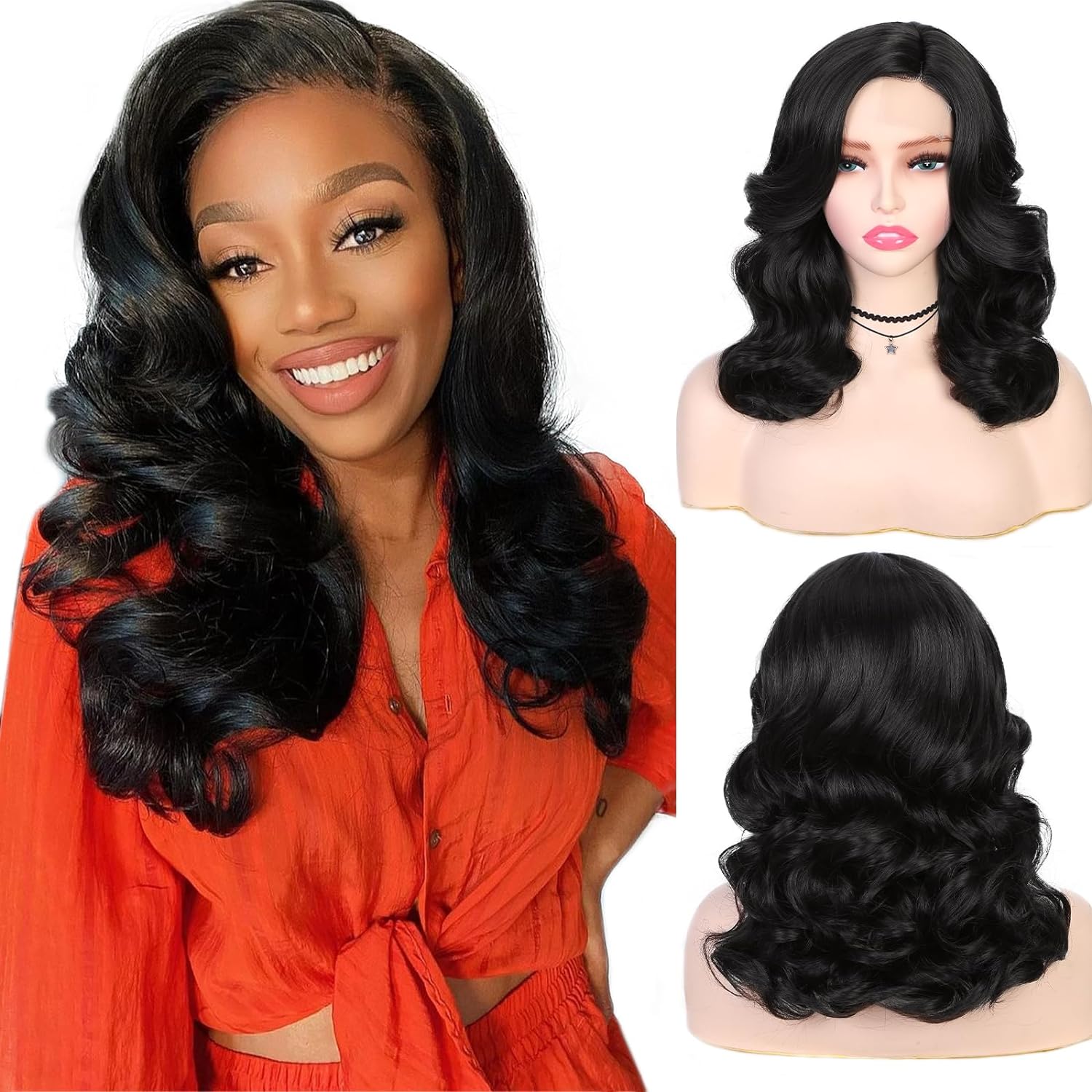 WIGNEE Loose Wave Side Part Wig Synthetic Body Wave Wig Short Wavy Wigs for Blac