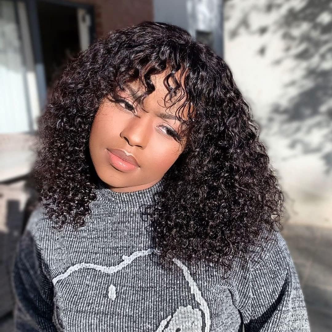 CEXXY Brazilian Curly Natural Black Wig with Bangs 150% Density Women's Wig Natu